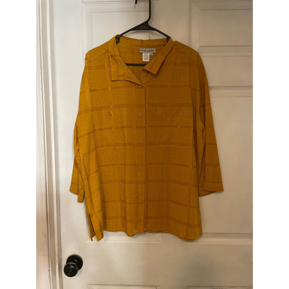 A la Carte Mustard Yellow Plaid Cotton Linen Button Down Shirt Womens L